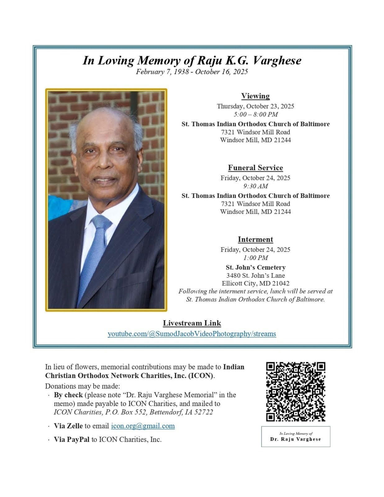 ഡോ. രാജു കെ.ജി. വർഗീസ്, 87, മെരിലാൻഡ്