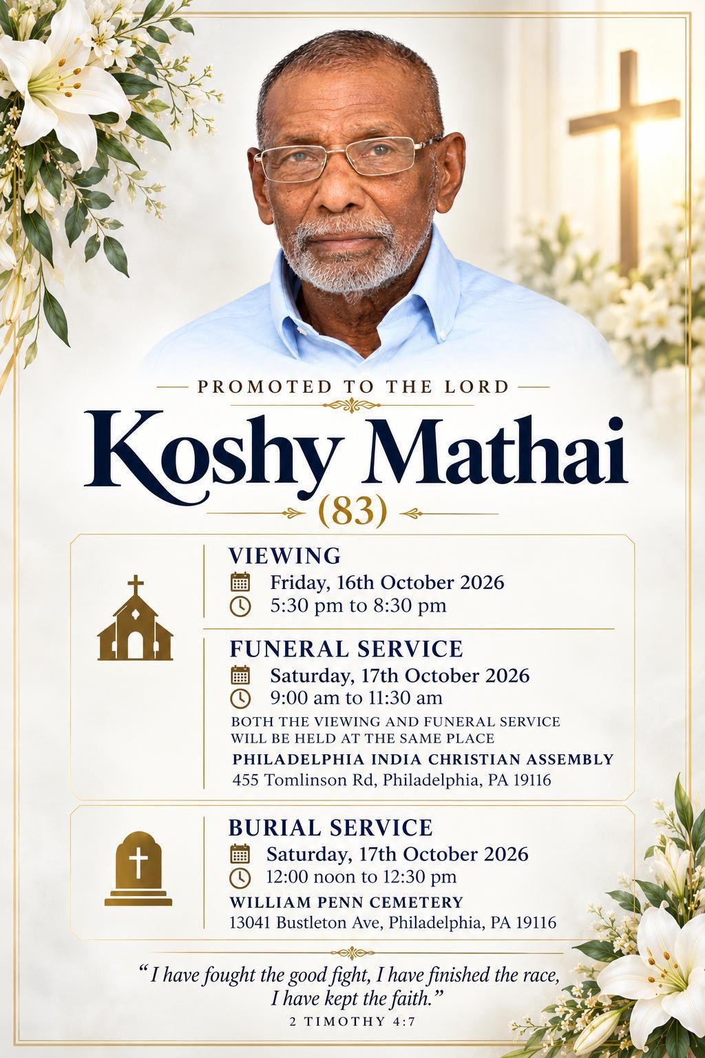 കോശി മത്തായി, 83,  ഫിലാഡഫിയ