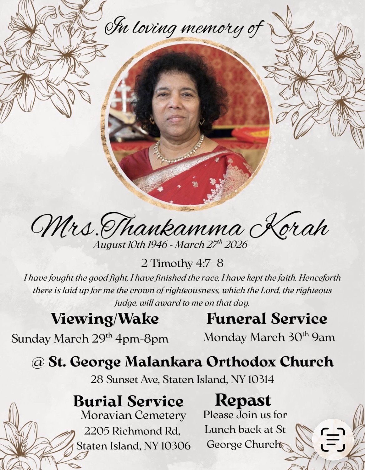  തങ്കമ്മ കോര (79) ന്യൂയോര്‍ക്ക് :