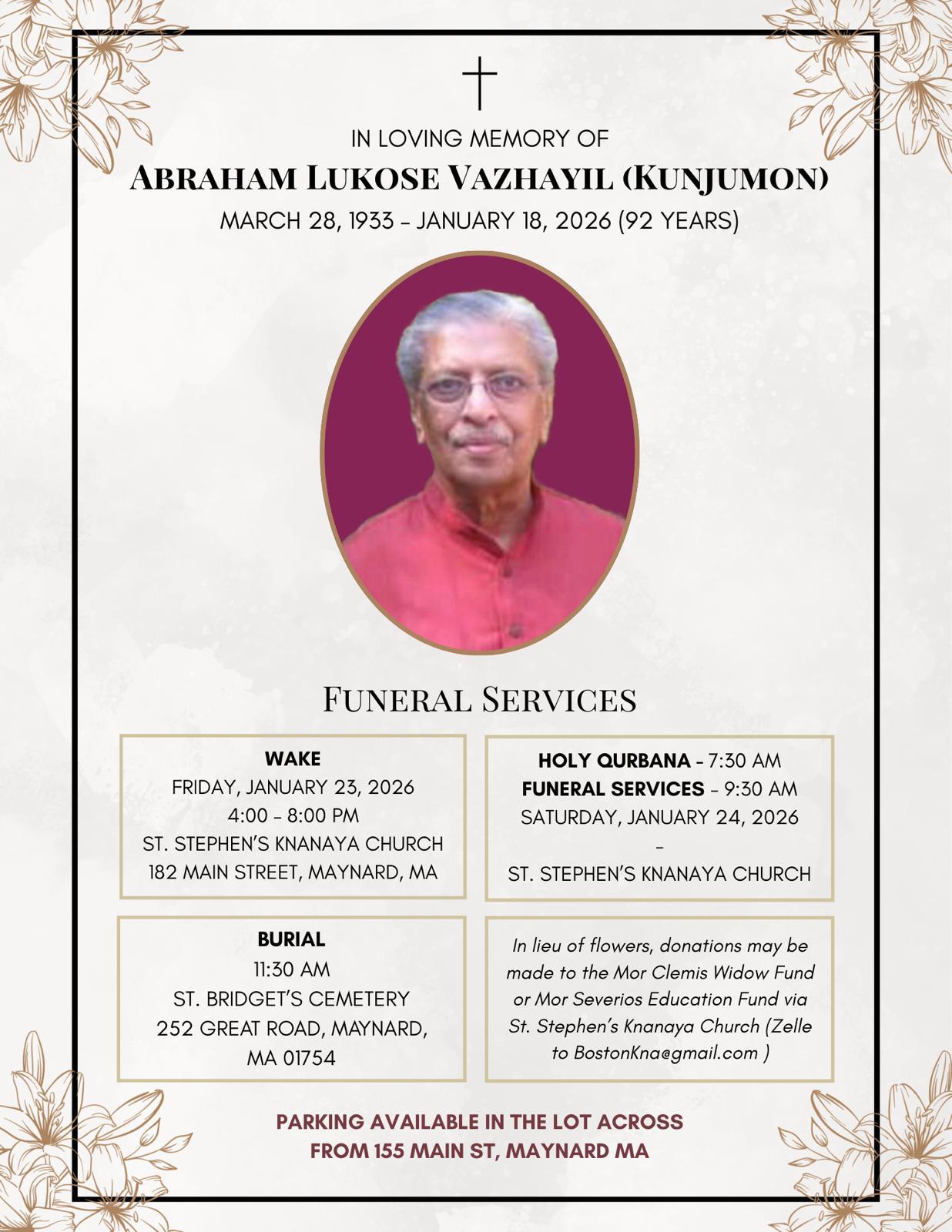 അബ്രാഹം ലൂക്കോസ് വാഴയില്‍ (കുഞ്ഞുമോന്‍) ; മസാച്യൂസെറ്റ്‌സ്;