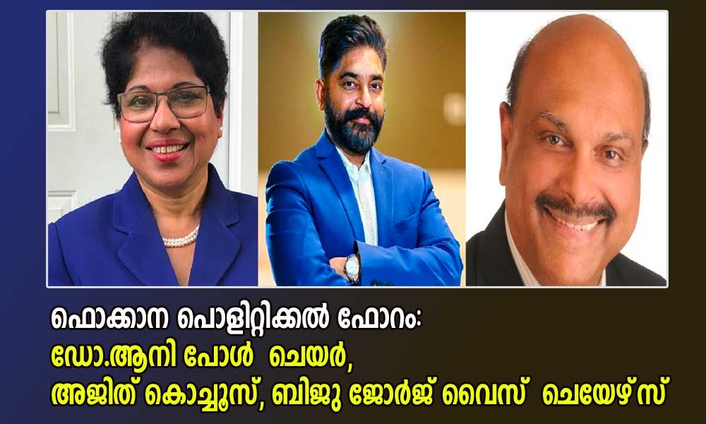 ഫൊക്കാന പൊളിറ്റിക്കൽ ഫോറം:  ഡോ.ആനി പോള്‍  ചെയർ, അജിത് കൊച്ചൂസ് , ബിജു ജോർജ് വൈസ്  ചെയേഴ്‌സ്‌