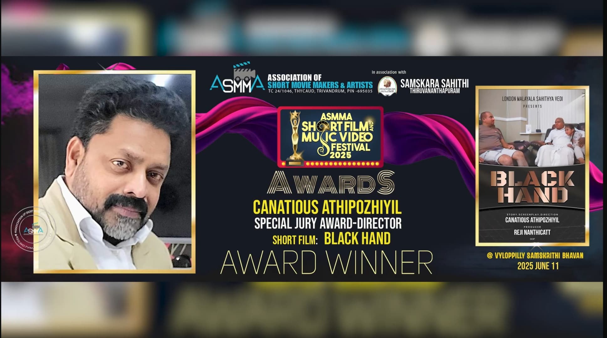 ലണ്ടൻ മലയാള സാഹിത്യവേദിയുടെ ഷോർട് ഫിലിം "ബ്ലാക്ക് ഹാൻഡ്"ന്  നിരവധി അവാർഡുകൾ; രാകേഷ് ശങ്കരൻ  ഏറ്റവും നല്ല സഹ നടൻ, സ്പെഷ്യൽ ജൂറി അവാർഡ് റജി നന്തികാട്ടിനും കനേഷ്യസ്‌ അത്തിപ്പൊഴിക്കും 