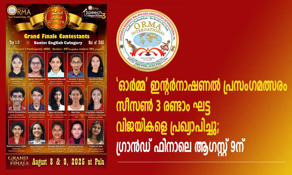 'ഓര്മ്മ' ഇന്റര്നാഷണല് പ്രസംഗമത്സരം സീസണ് 3 രണ്ടാം ഘട്ട വിജയികളെ പ്രഖ്യാപിച്ചു; ഗ്രാന്ഡ് ഫിനാലെ ആഗസ്റ്റ് 9ന്