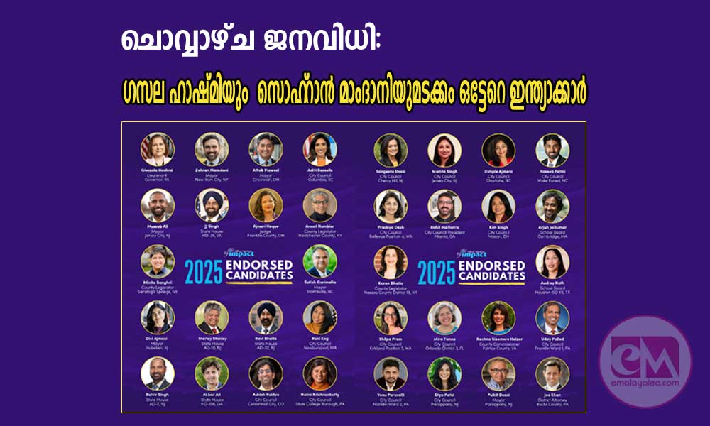 ചൊവ്വാഴ്ച ജനവിധി:  ഗസല ഹാഷ്മിയും  സൊഹ്റാൻ മാംദാനിയുമടക്കം ഒട്ടേറെ ഇന്ത്യാക്കാർ