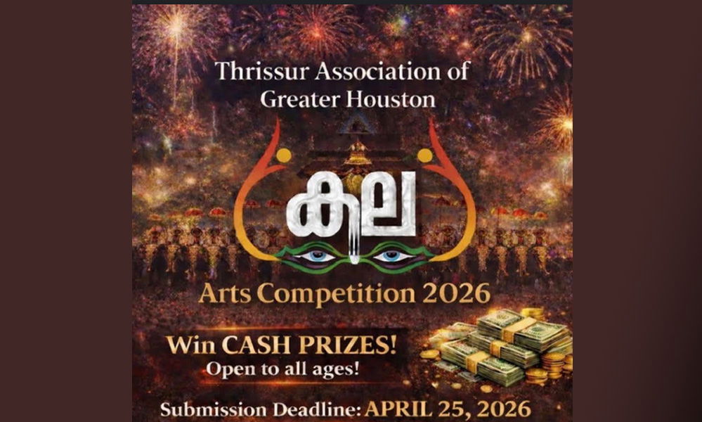 ഹൂസ്റ്റൺ തൃശൂർ അസോസിയേഷൻ 'കല 2026' കലാമത്സരങ്ങൾ സംഘടിപ്പിക്കുന്നു; ഏപ്രിൽ 25 വരെ അപേക്ഷിക്കാം
