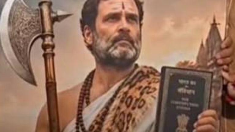 പിറന്നാൾ ദിനത്തിൽ പരശുരാമനായി രാഹുൽ ഗാന്ധിയുടെ ചിത്രം; ഒരു കൈയിൽ ഭരണഘടന, മറുകൈയിൽ മഴു; പ്രതിഷേധവുമായ് ബിജെപി