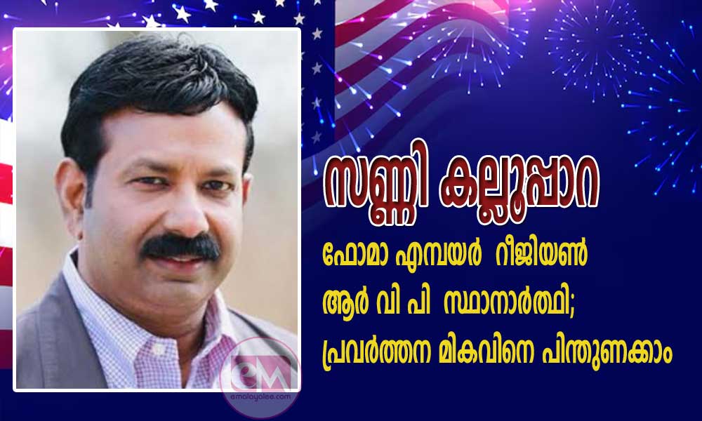 സണ്ണി കല്ലൂപ്പാറ ഫോമാ എമ്പയർ റീജിയൺ ആർ വി പി സ്ഥാനാര്ത്ഥി; പ്രവര്ത്തന മികവിനെ പിന്തുണക്കാം