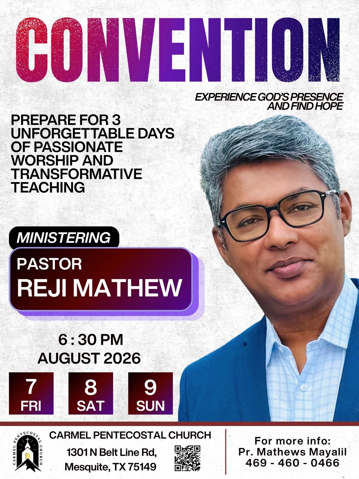 മെസ്‌ക്വിറ്റിൽ കർമേൽ പെന്തക്കോസ്തൽ ചർച്ച് ത്രിദിന കൺവെൻഷൻ ഓഗസ്റ്റ് 7 മുതൽ