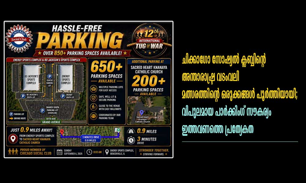 ചിക്കാഗോ സോഷ്യൽ ക്ലബ്ബിന്റെ അന്താരാഷ്ട്ര വടംവലി മത്സരത്തിന്റെ ഒരുക്കങ്ങൾ പൂർത്തിയായി; വിപുലമായ പാർക്കിംഗ് സൗകര്യം ഇത്തവണത്തെ പ്രത്യേകത