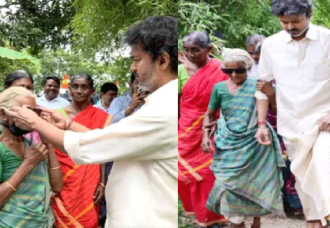 വയോധികയ്ക്ക് സ്വന്തം സൺഗ്ലാസ് സമ്മാനിച്ച് തമിഴ്‌നാട് മുഖ്യമന്ത്രി വിജയ്: വില 40,000 രൂപയിലേറെ; ദൃശ്യങ്ങൾ വൈറൽ