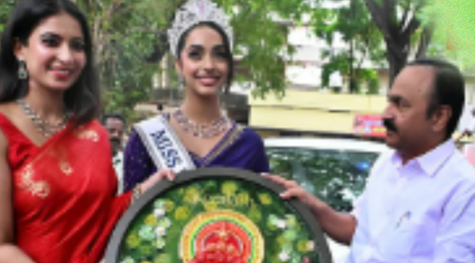 കിരീടവുമായി മുഖ്യമന്ത്രിയെ കാണാനെത്തി മിസ് യൂണിവേഴ്സ് ഇന്ത്യ 2026 - കെസിയ ലിസ് മെജോ..!