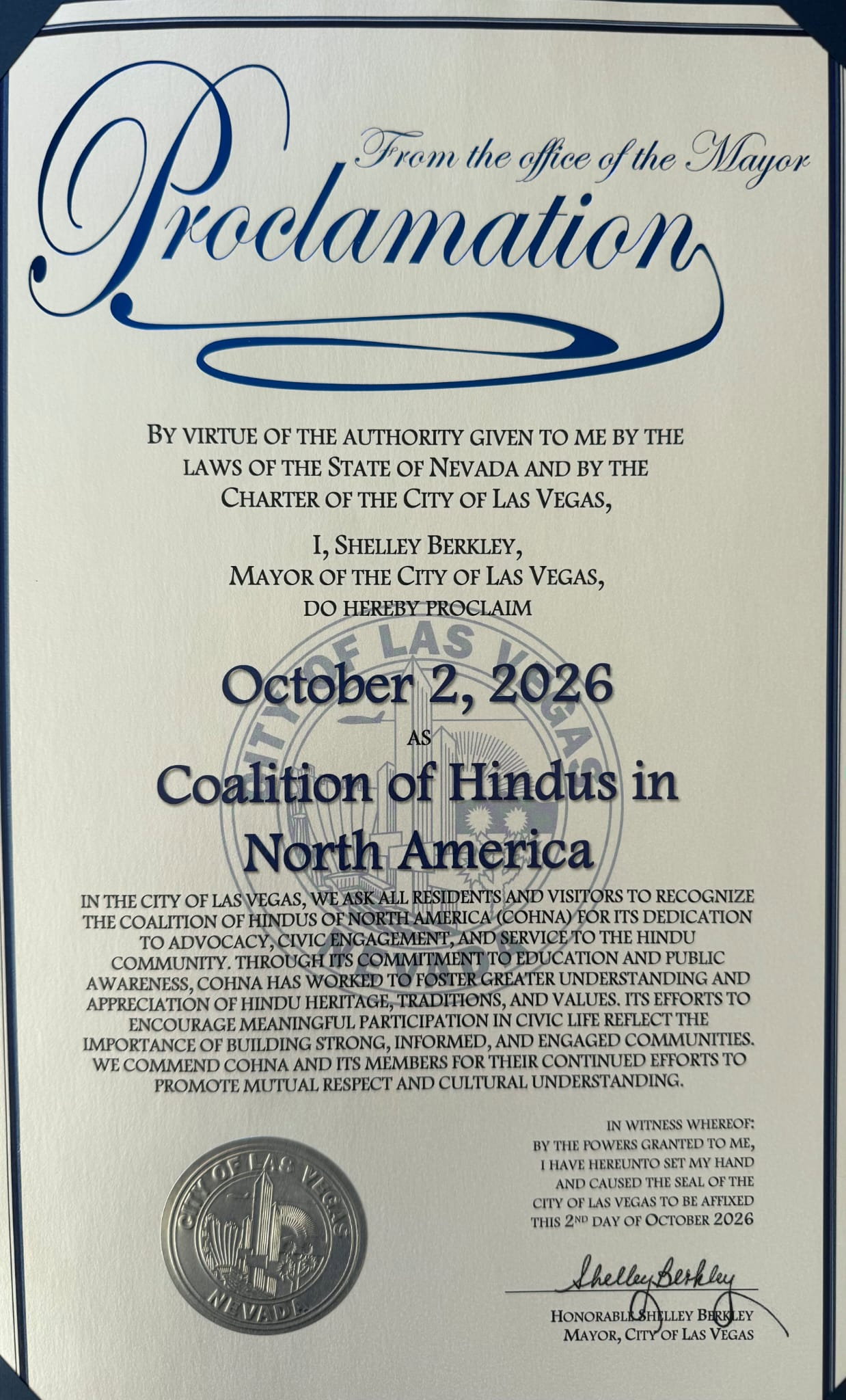 ലാസ് വേഗസ് നഗരത്തിൽ ഒക്ടോബർ 2 ‘CoHNA ദിനം’; പ്രഖ്യാപനവുമായി മേയർ ഷെല്ലി ബെർക്ക്ലി