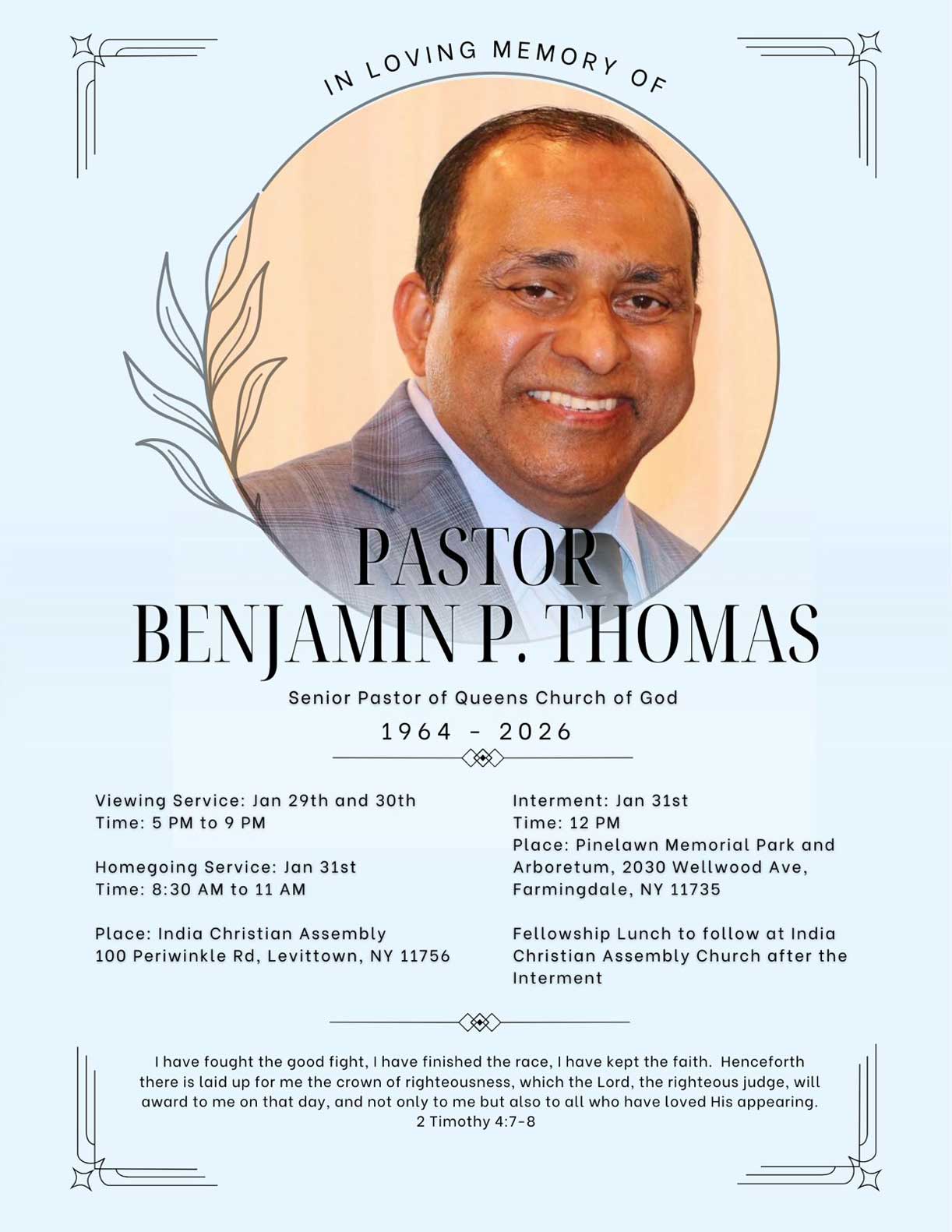 പാസ്റ്റര്‍ ബെഞ്ചമിന്‍ പി തോമസ് (62) ന്യൂയോര്‍ക്കില്‍ അന്തരിച്ചു