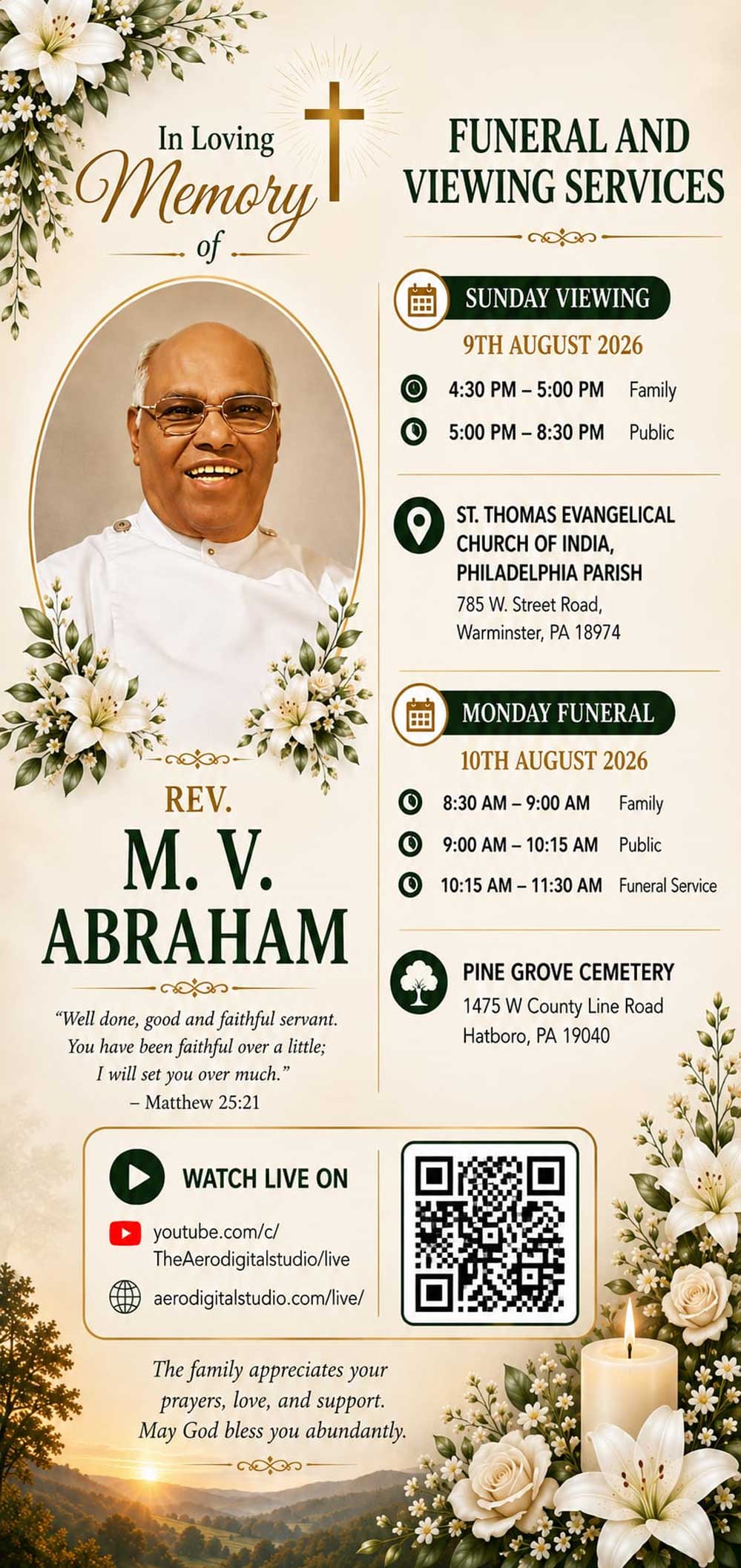 ഇവാഞ്ചലിക്കൽ സഭയിലെ മുതിർന്ന വൈദീകൻ റെവ.എം.വി. എബ്രഹാം (90) അന്തരിച്ചു
