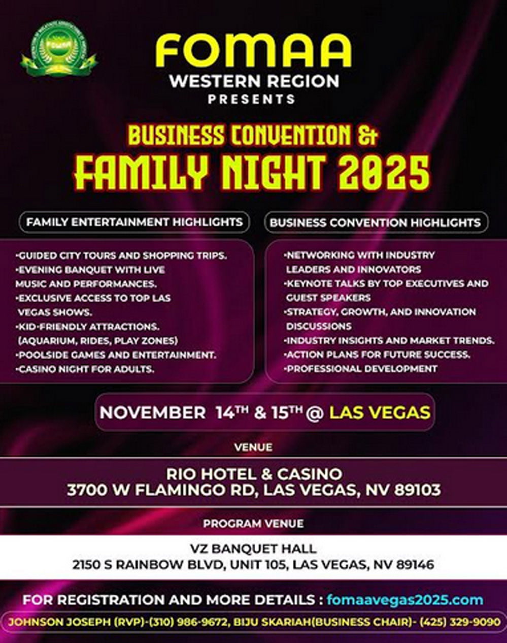  ഫോമാ ലാസ് വെഗാസ് നവംബർ 14,15 തീയതികളിൽ നടത്തുന്ന ബിസിനസ് മീറ്റ് & ഫാമിലി നെറ്റ് രെജിസ്ട്രേഷൻ വൻ വിജയത്തിലേക്ക്