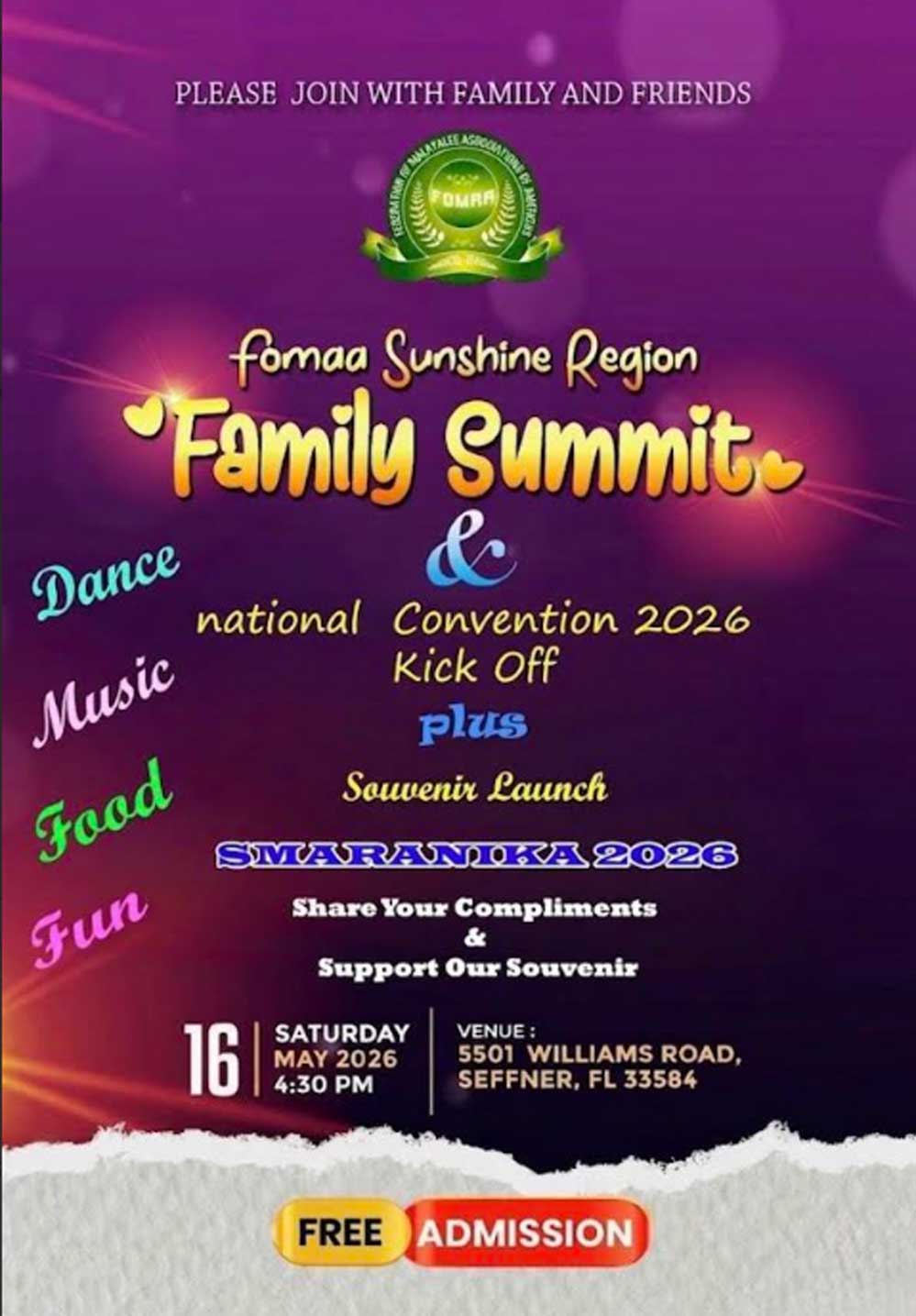 ഫോമാ സണ്‍ഷൈന്‍ റീജിയന്റെ കുടുംബ സംഗമവും നാഷണല്‍ കണ്‍വന്‍ഷന്‍ കിക്ക്ഓഫും മെയ് 16-ന് ടാമ്പായില്‍