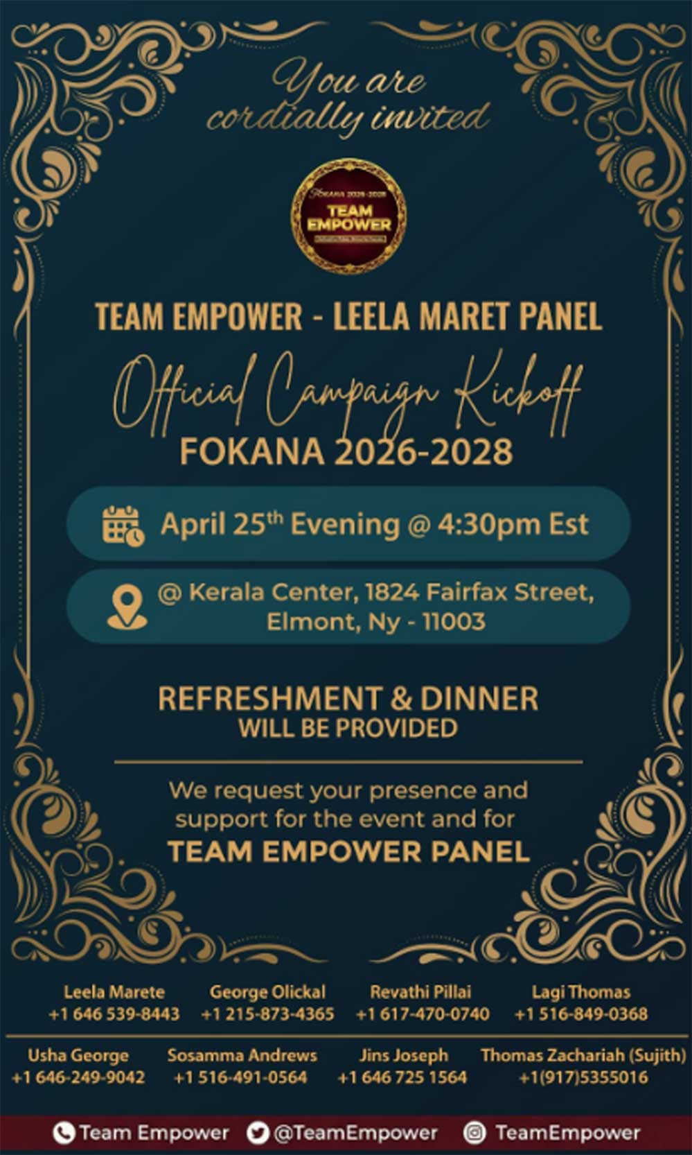 ടീം എംപവർ – ലീലാ മാരറ്റ് പാനൽ കാമ്പെയിന്‍  കിക്കോഫ് ഏപ്രിൽ 25ന് ന്യൂയോർക്കിൽ